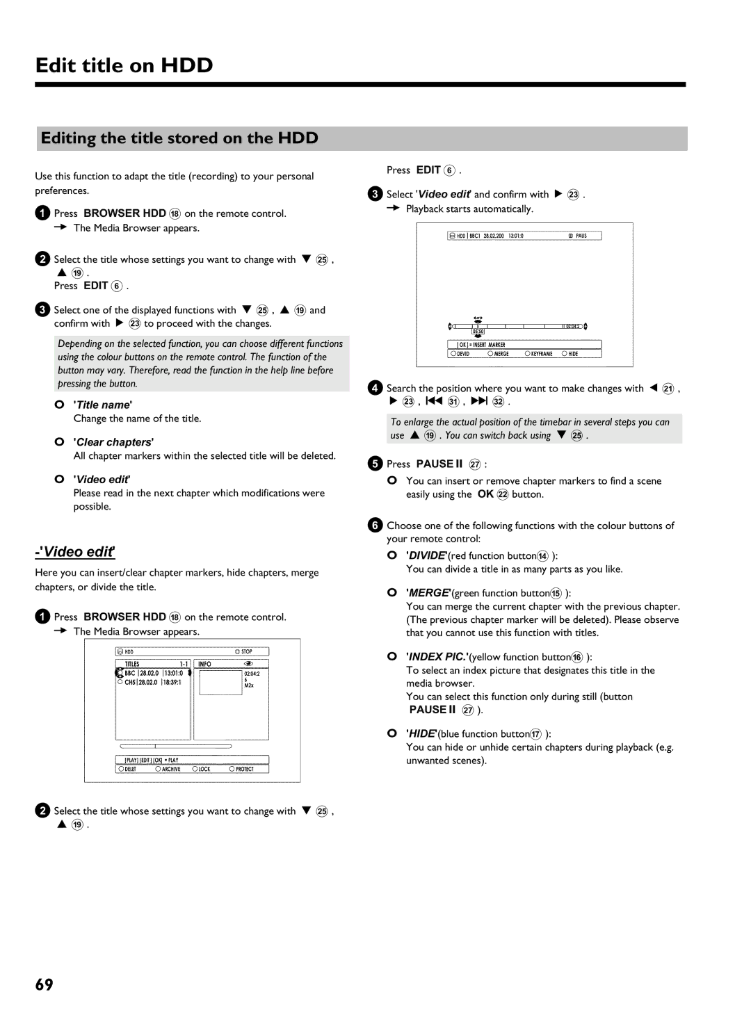 Philips DVDR 725H/00 manual Editing the title stored on the HDD, Title name, Change the name of the title, Clear chapters 