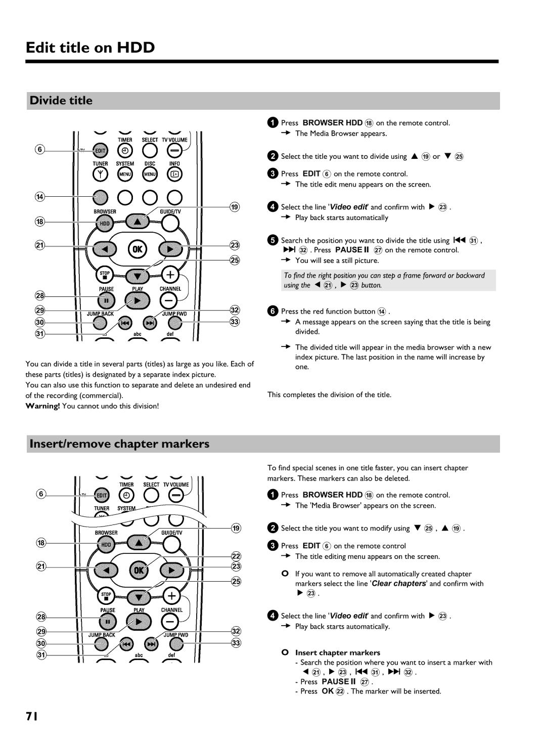 Philips DVDR 725H/00, DVDR 725H/02 manual Divide title, Insert/remove chapter markers, Insert chapter markers 