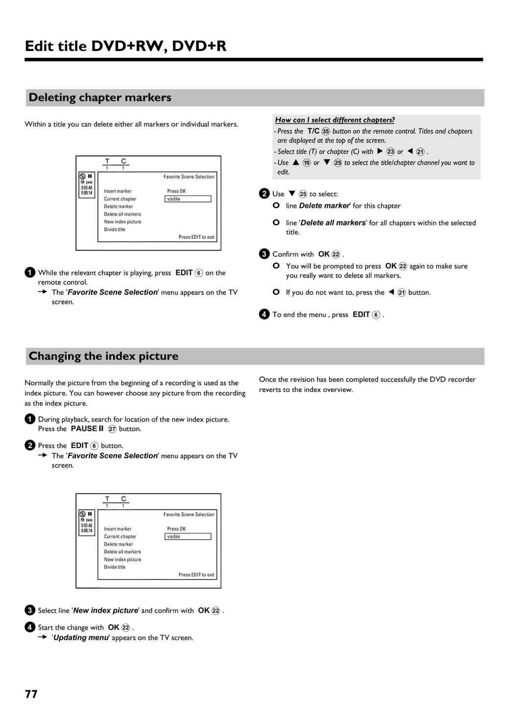 Philips DVDR 725H/00 manual Deleting chapter markers, Changing the index picture, How can I select different chapters? 