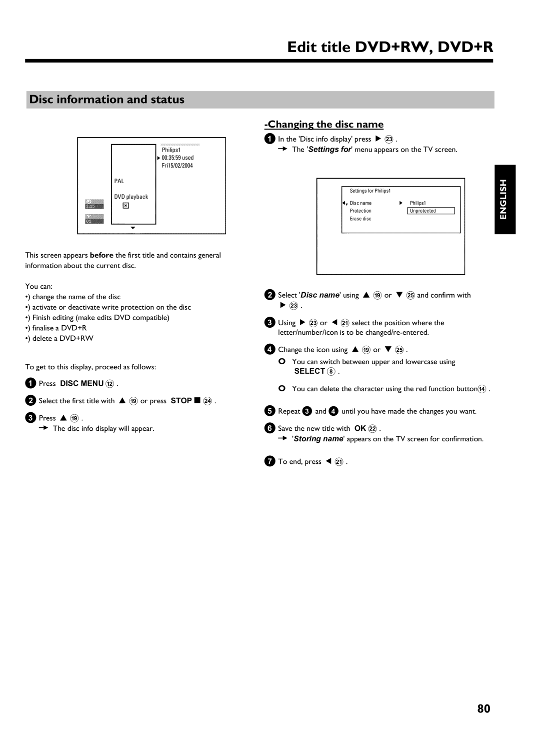 Philips DVDR 725H/02, DVDR 725H/00 manual Disc information and status, Disc name, Press Disc Menu B 