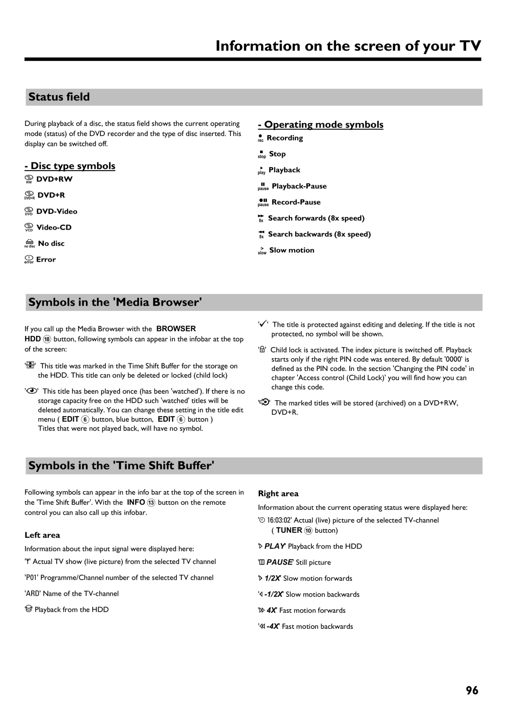 Philips DVDR 725H/05 manual Status field, Symbols in the Media Browser, Symbols in the Time Shift Buffer, Disc type symbols 