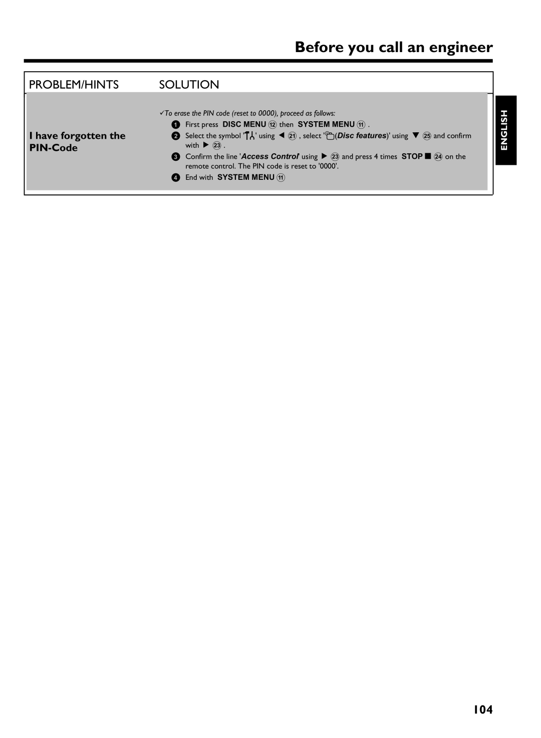 Philips DVDR 725H/05 manual 104, Have forgotten, BTo erase the PIN code reset to 0000, proceed as follows 