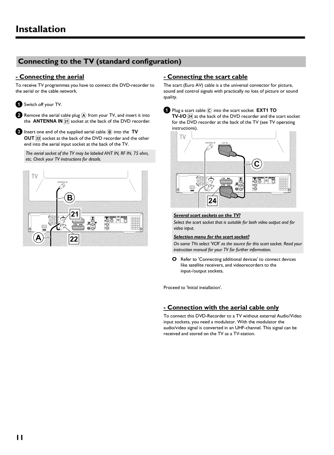 Philips DVDR 725H/05 manual Connecting to the TV standard configuration, Connecting the aerial, Connecting the scart cable 