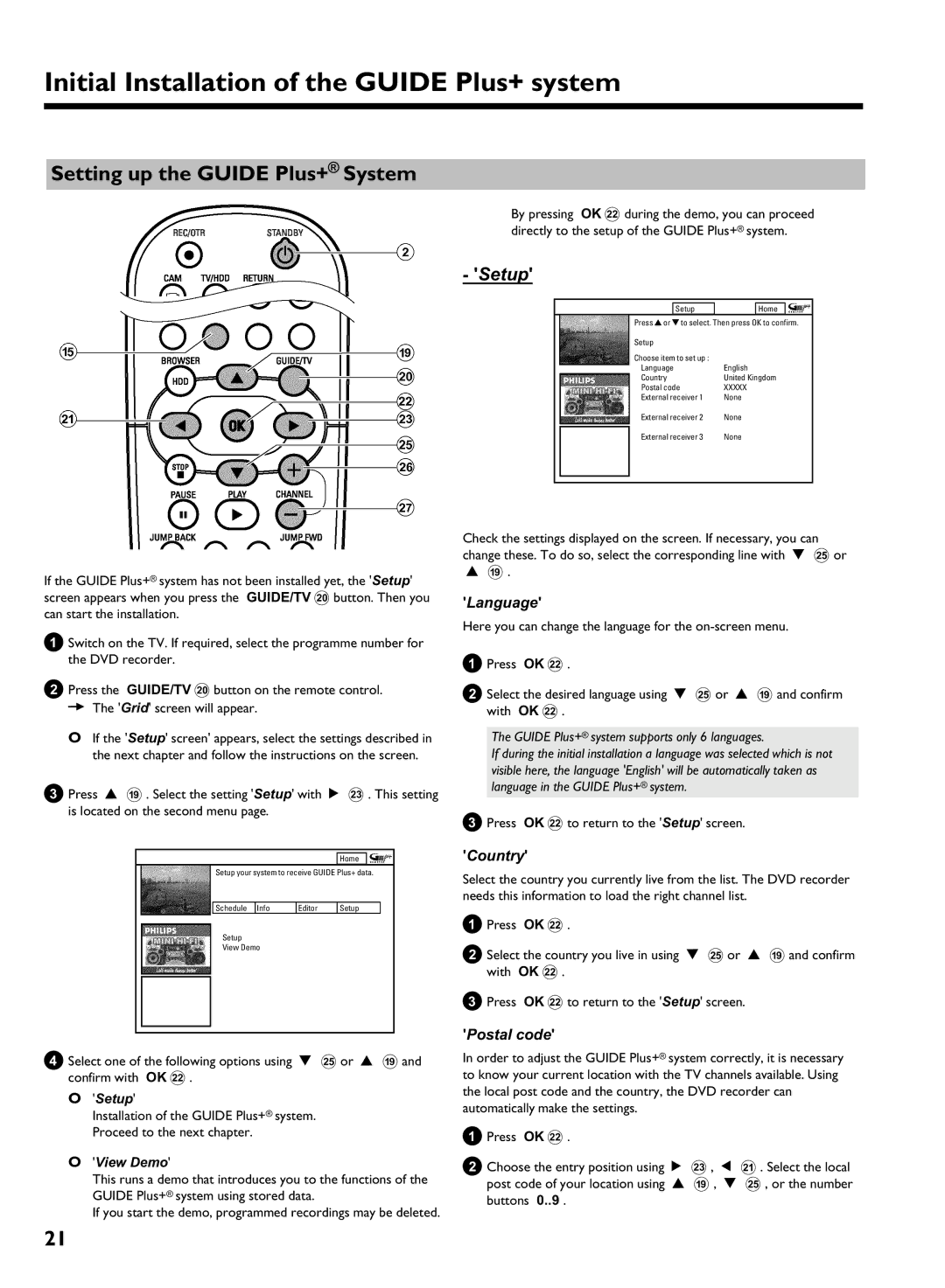 Philips DVDR 725H/05 Initial Installation of the Guide Plus+ system, Setting up the Guide Plus+ System, Language, Country 