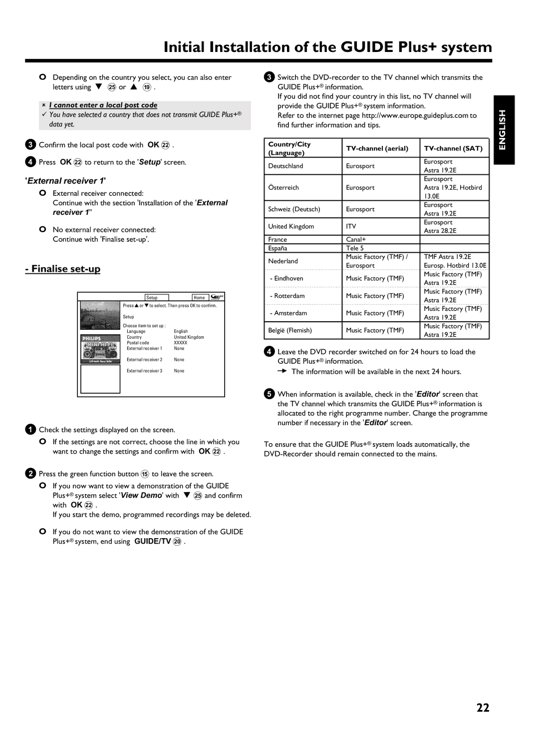 Philips DVDR 725H/05 manual Finalise set, External receiver, Cannot enter a local post code 