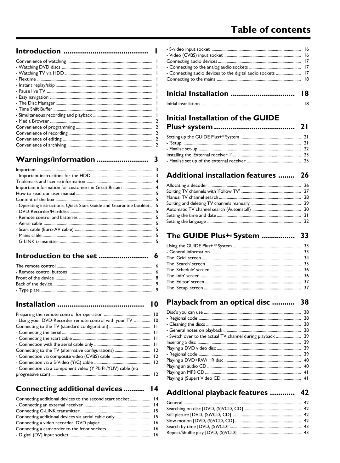 Philips DVDR 725H/05 manual Table of contents 