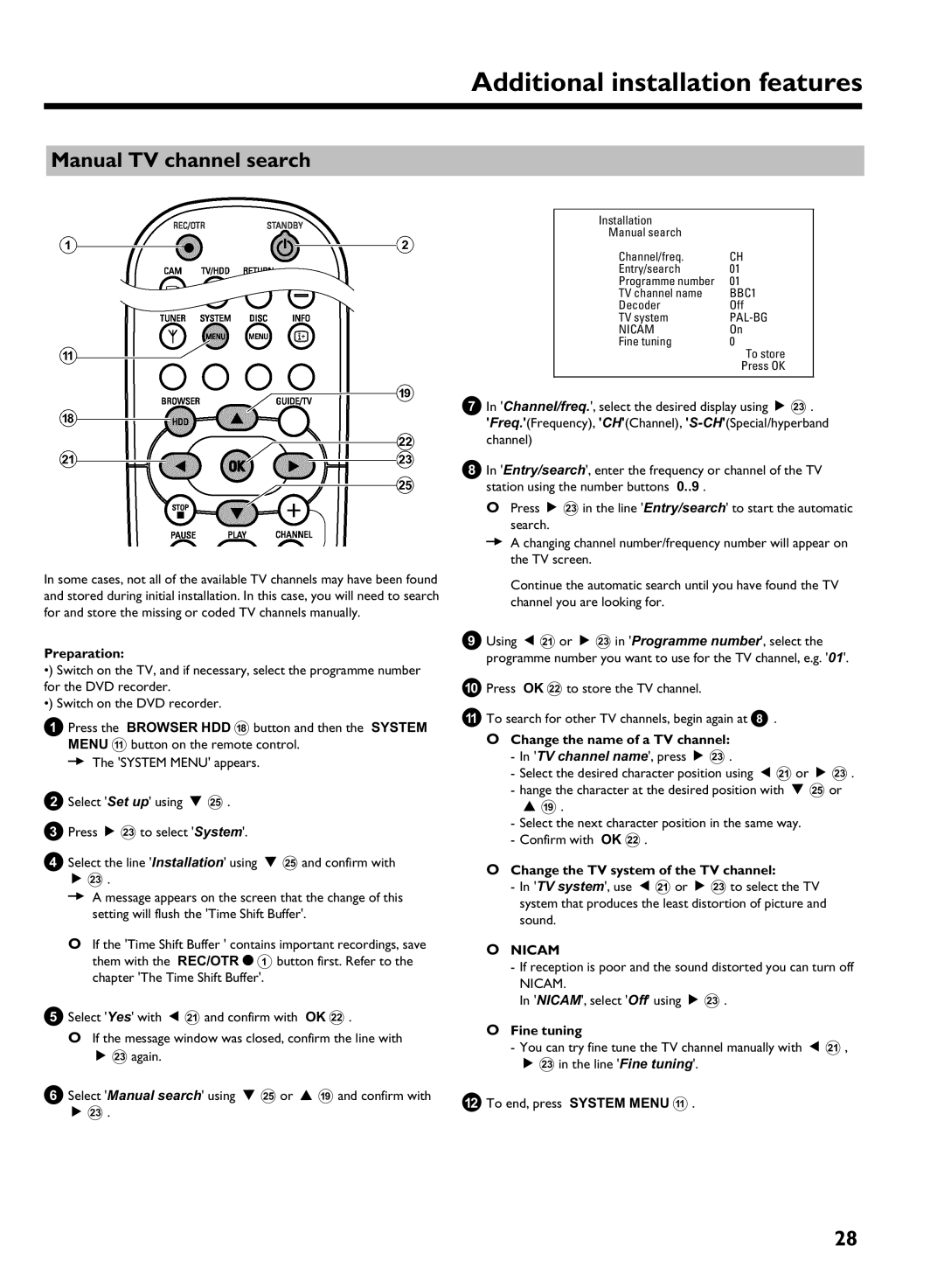 Philips DVDR 725H/05 manual Manual TV channel search, TV channel name, press C M, Nicam 