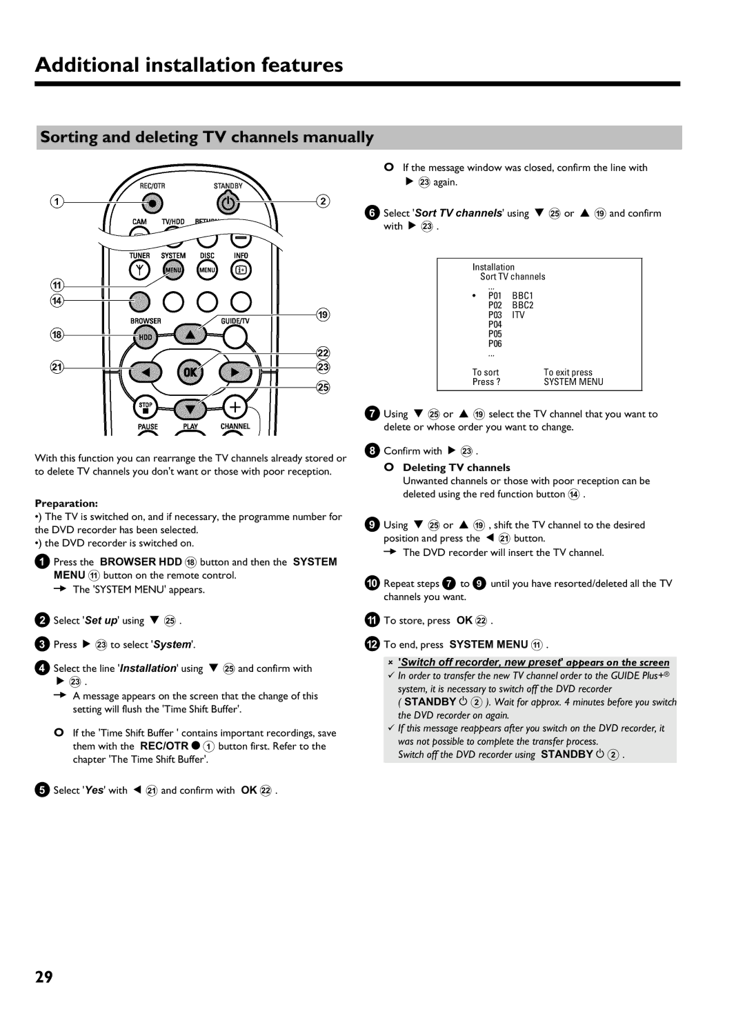 Philips DVDR 725H/05 Sorting and deleting TV channels manually, Deleting TV channels 