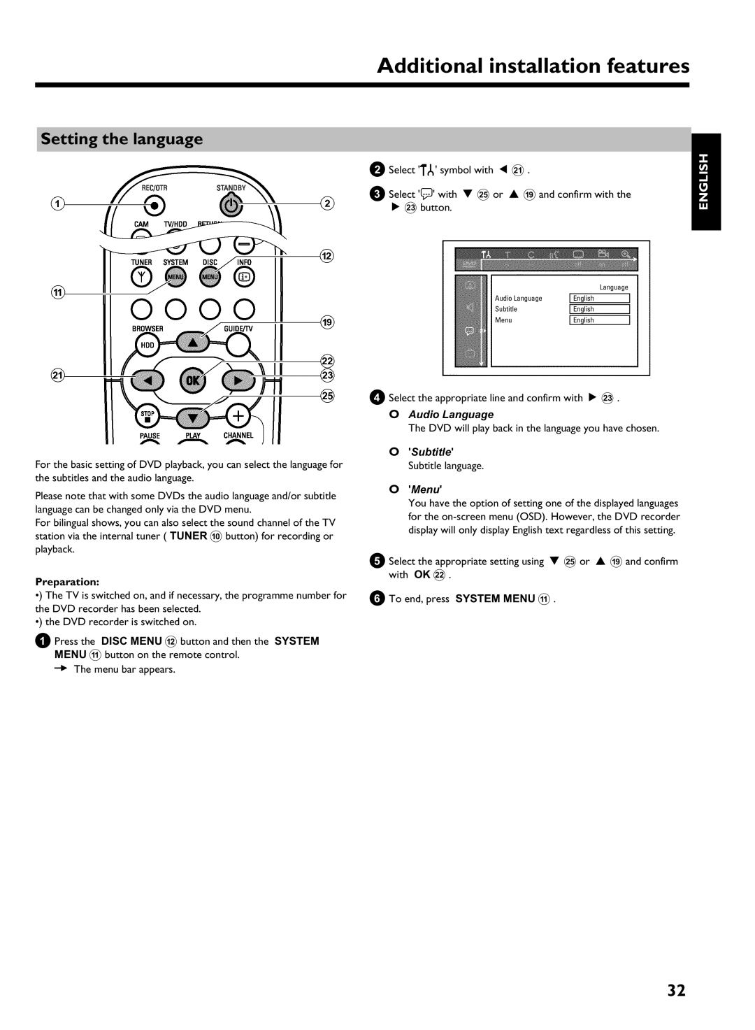 Philips DVDR 725H/05 manual Setting the language, Audio Language, Menu 