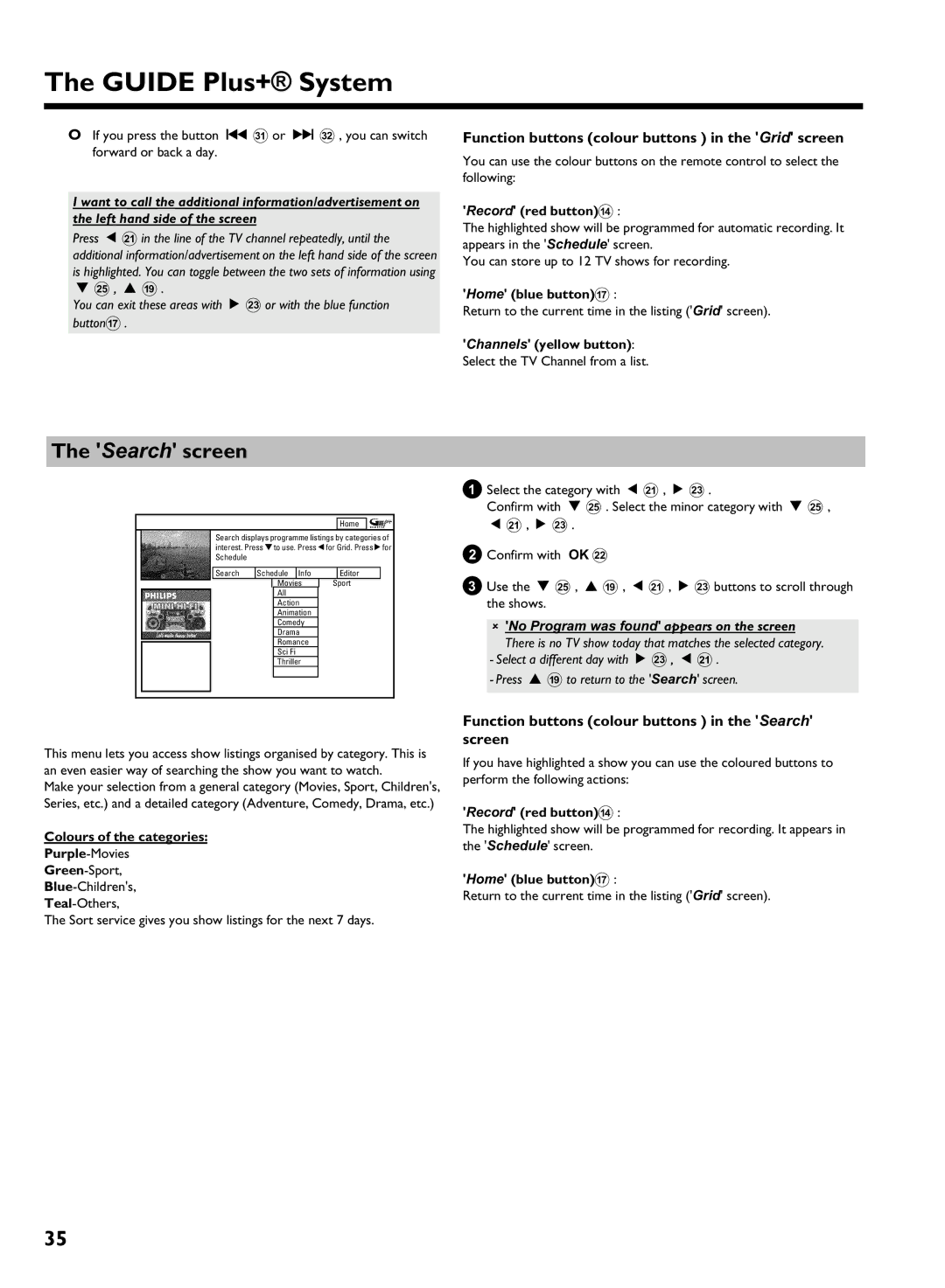 Philips DVDR 725H/05 manual Search screen, Record red buttonD, Home blue buttonG, Colours of the categories 