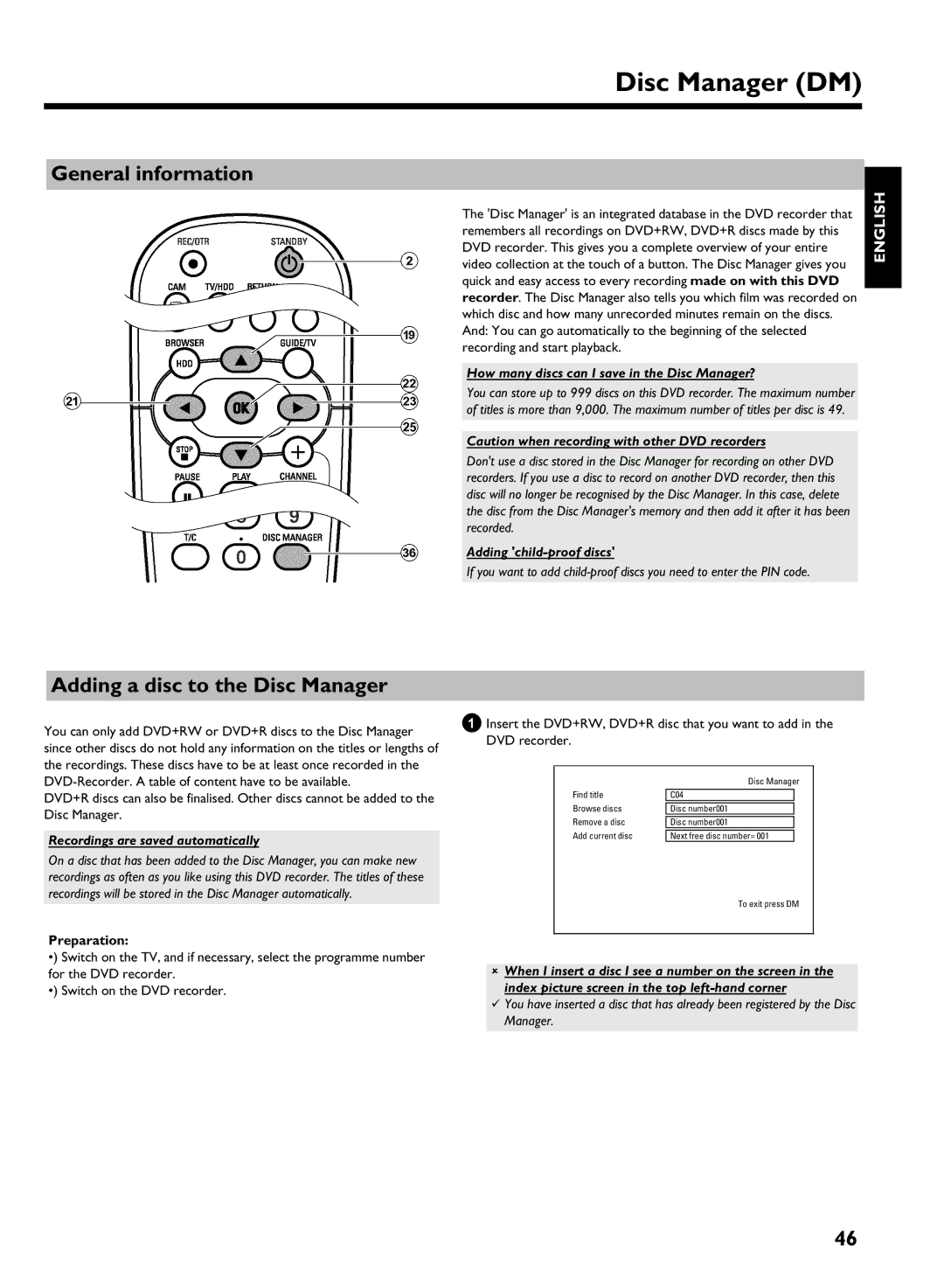 Philips DVDR 725H/05 manual Disc Manager DM, General information, Adding a disc to the Disc Manager 