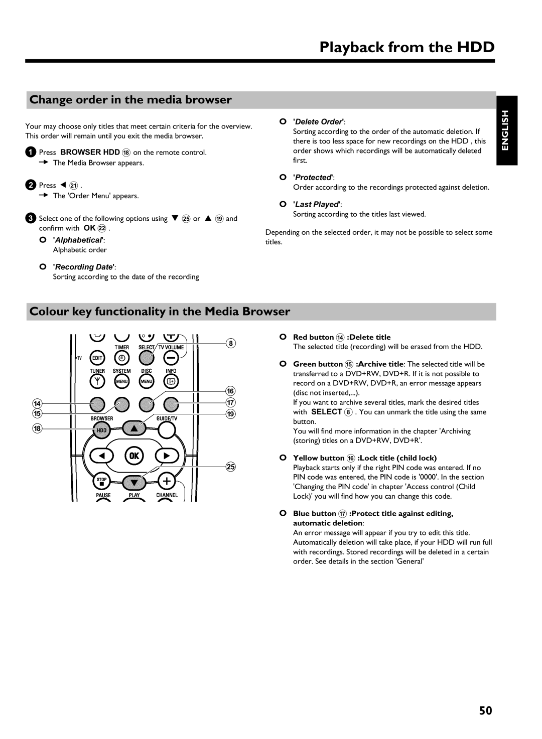 Philips DVDR 725H/05 manual Change order in the media browser, Colour key functionality in the Media Browser 