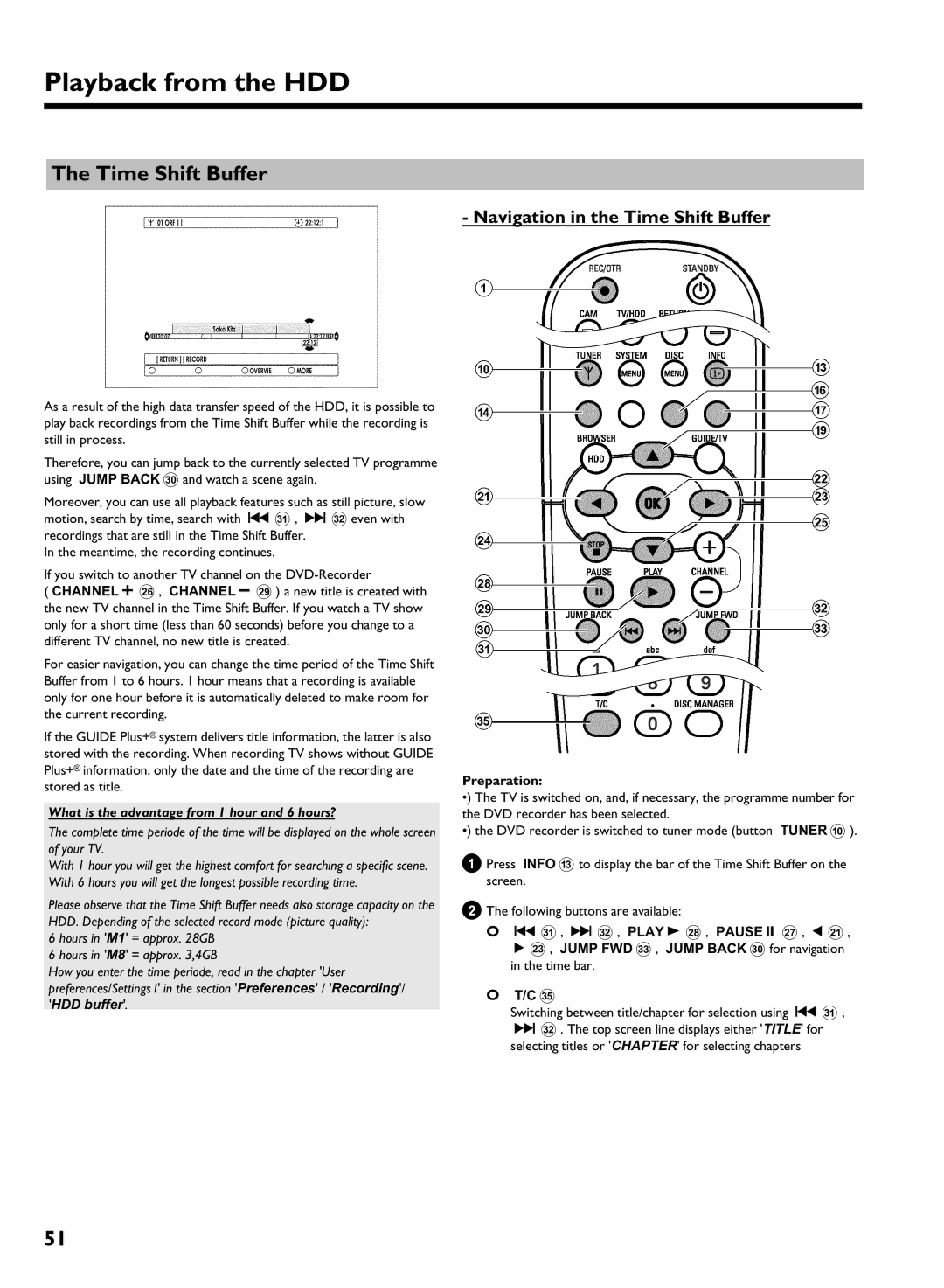 Philips DVDR 725H/05 Navigation in the Time Shift Buffer, What is the advantage from 1 hour and 6 hours?, HDD buffer 