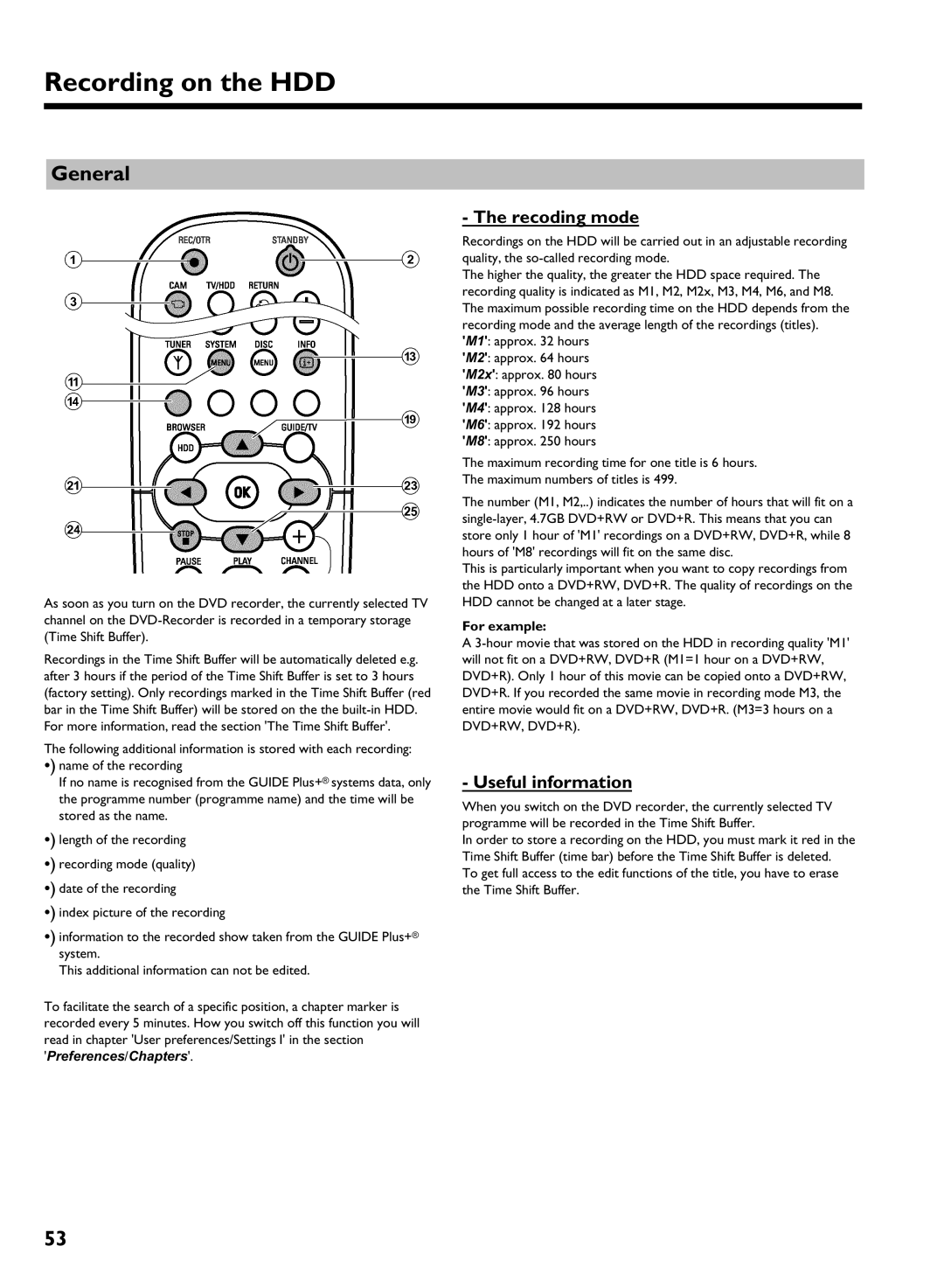 Philips DVDR 725H/05 manual Recording on the HDD, Recoding mode, Useful information, Preferences/Chapters, For example 