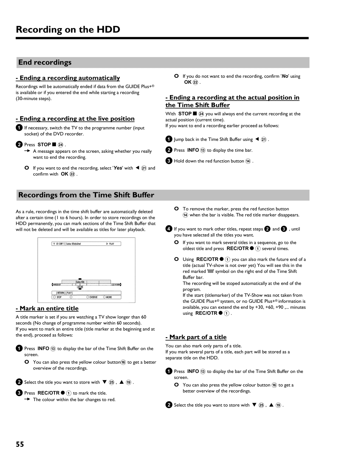 Philips DVDR 725H/05 manual End recordings, Recordings from the Time Shift Buffer 