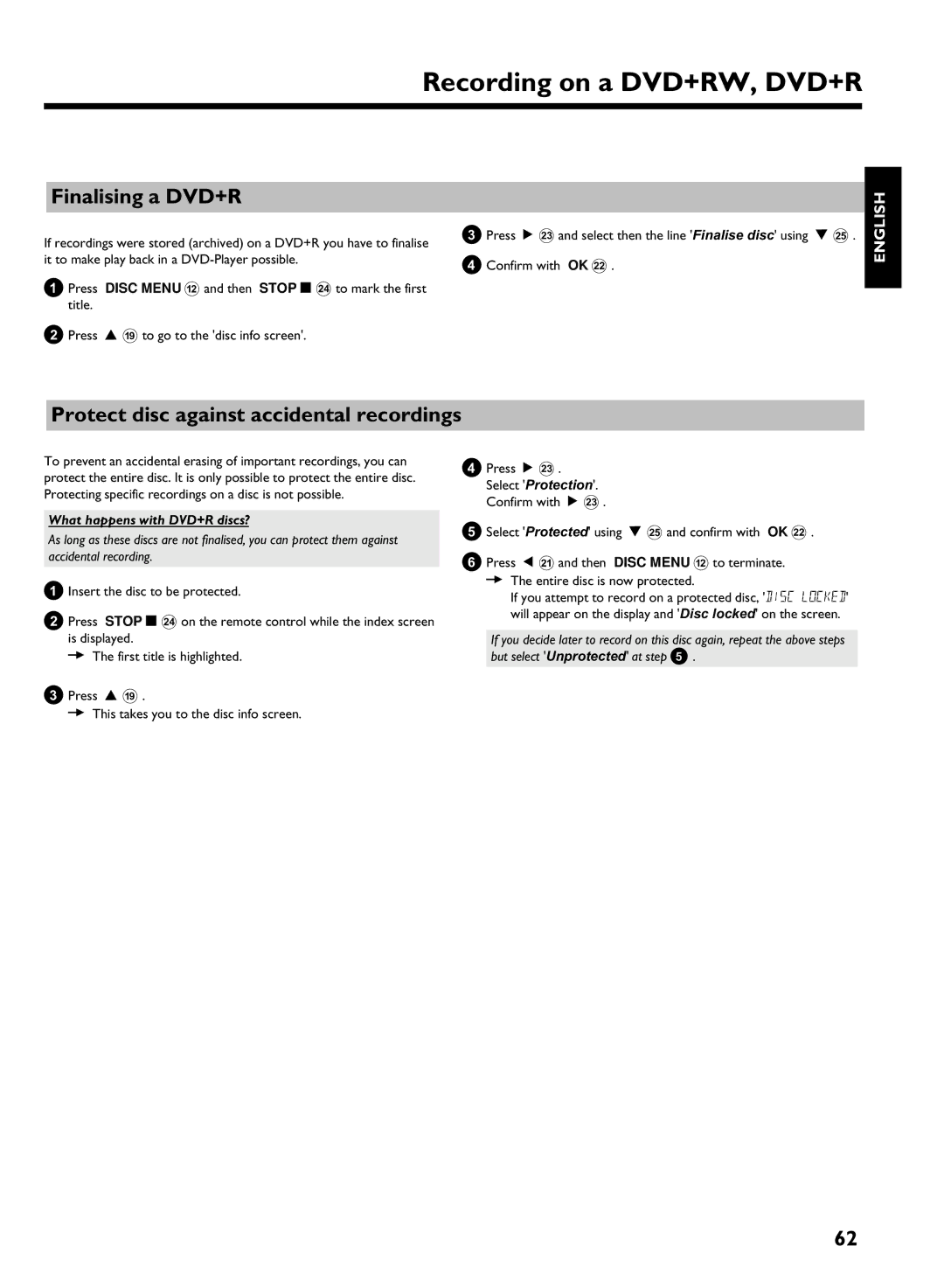 Philips DVDR 725H/05 manual Finalising a DVD+R, Protect disc against accidental recordings, What happens with DVD+R discs? 