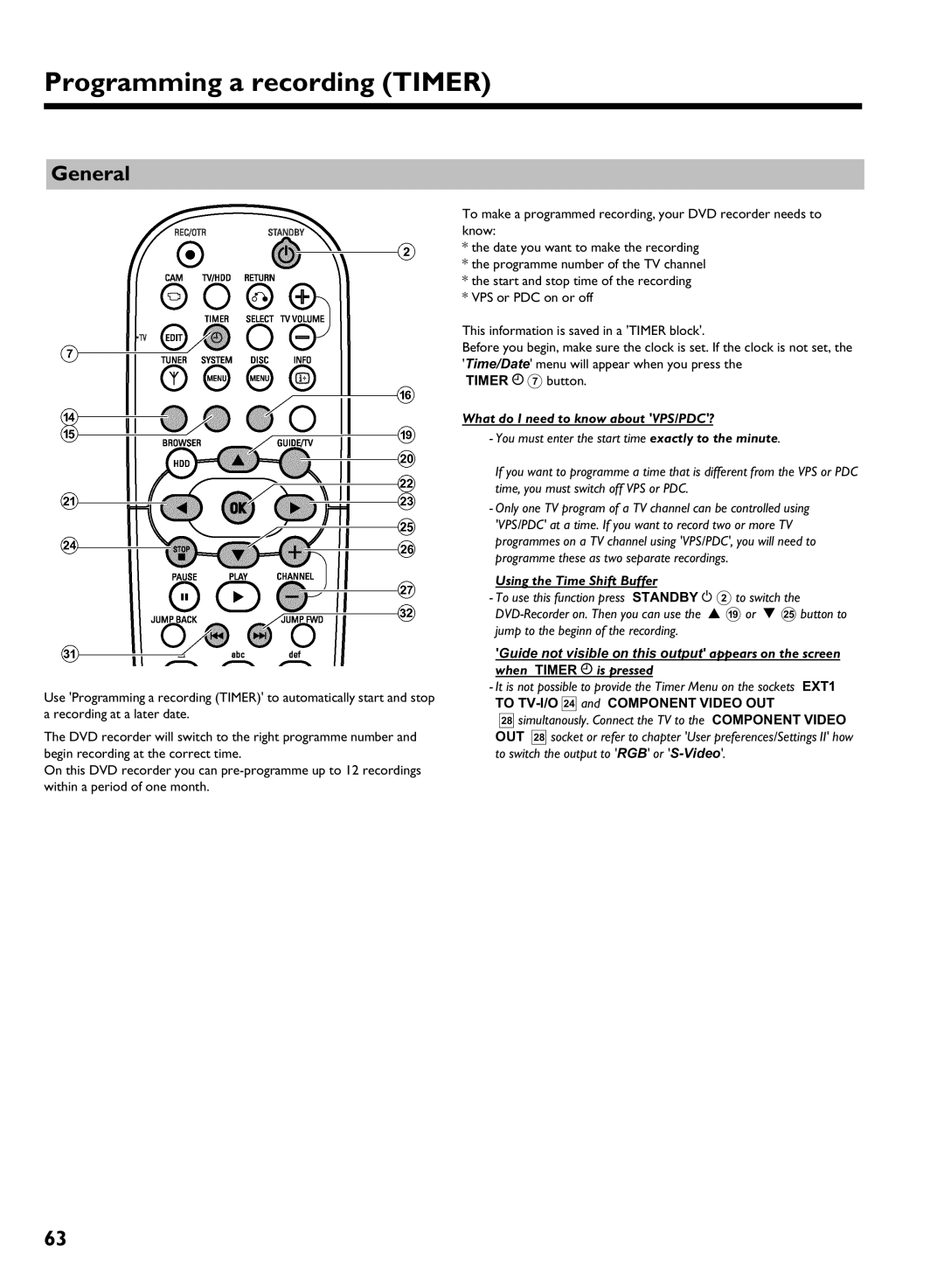 Philips DVDR 725H/05 Programming a recording Timer, What do I need to know about VPS/PDC?, Using the Time Shift Buffer 