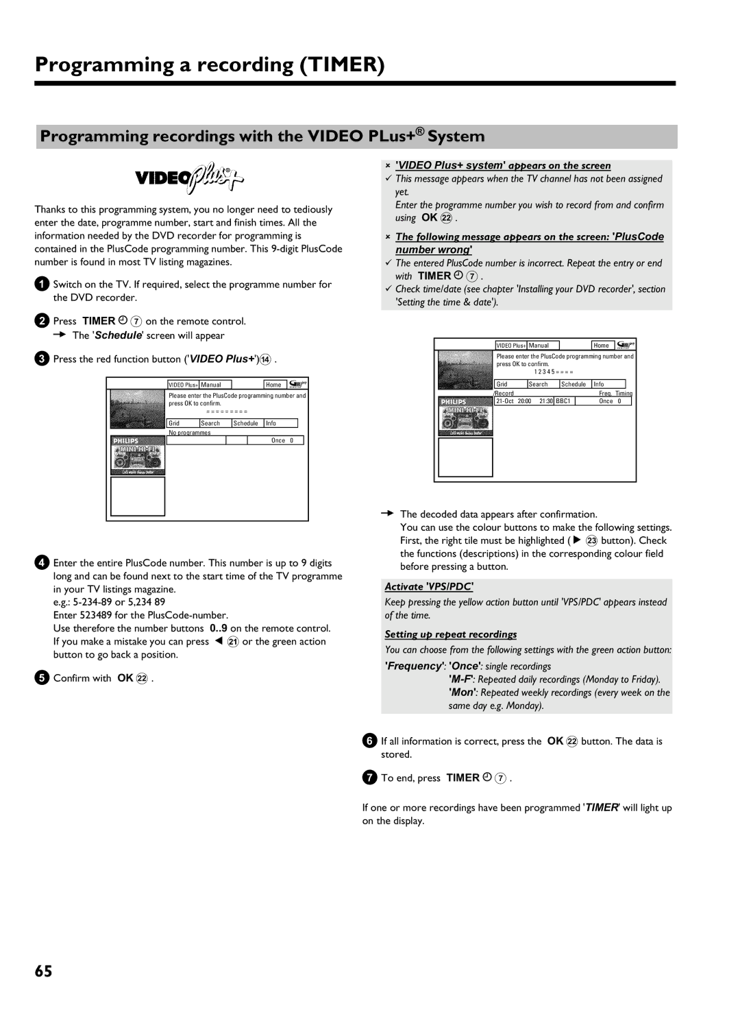 Philips DVDR 725H/05 manual Programming recordings with the Video PLus+ System, Video Plus+ system appears on the screen 