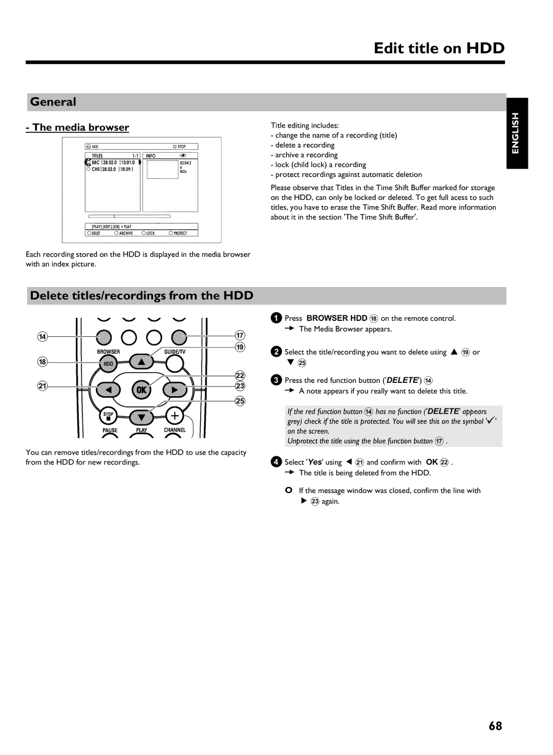 Philips DVDR 725H/05 manual Edit title on HDD, Delete titles/recordings from the HDD, On the screen 