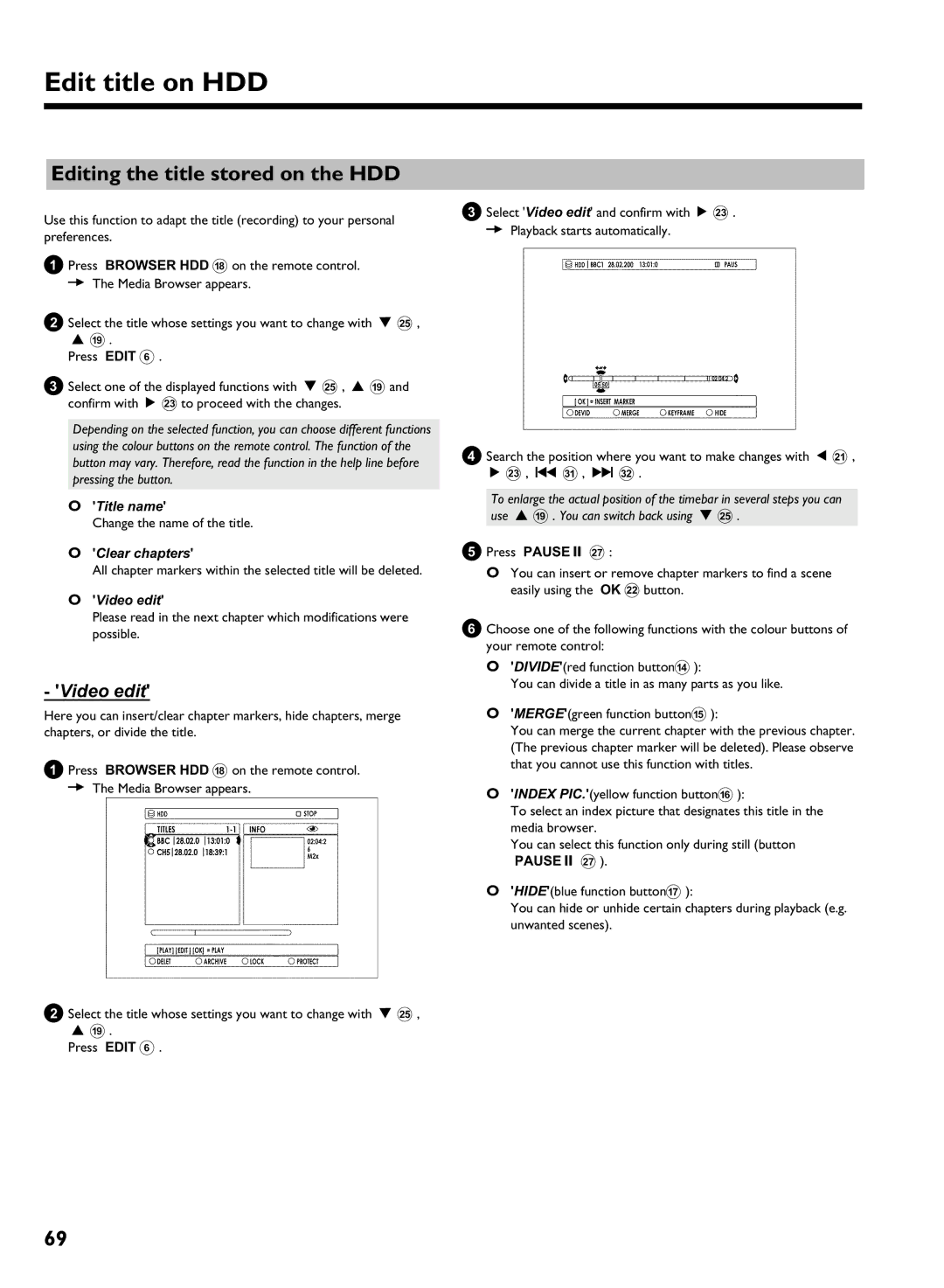 Philips DVDR 725H/05 manual Editing the title stored on the HDD, Title name, Clear chapters, Video edit 