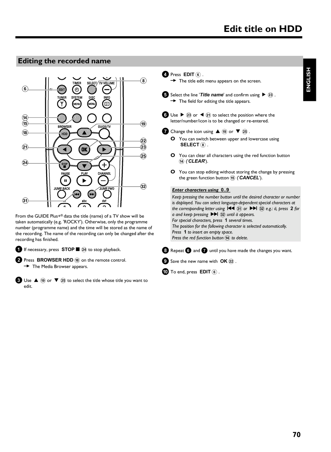 Philips DVDR 725H/05 manual Editing the recorded name, Enter characters using 