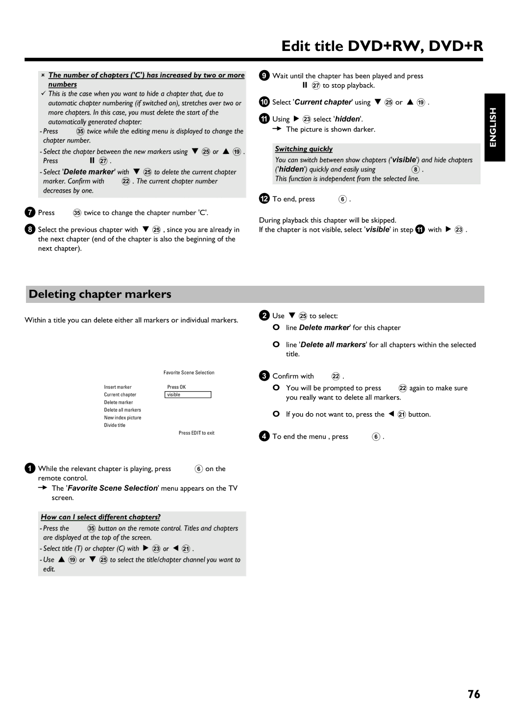 Philips DVDR 725H/05 manual Deleting chapter markers, Number of chapters C has increased by two or more numbers 