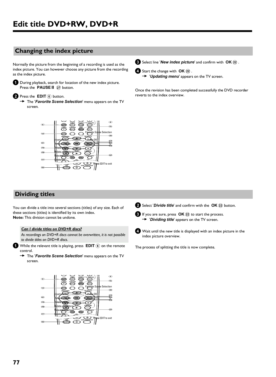 Philips DVDR 725H/05 manual Changing the index picture, Dividing titles, Can I divide titles on DVD+R discs? 