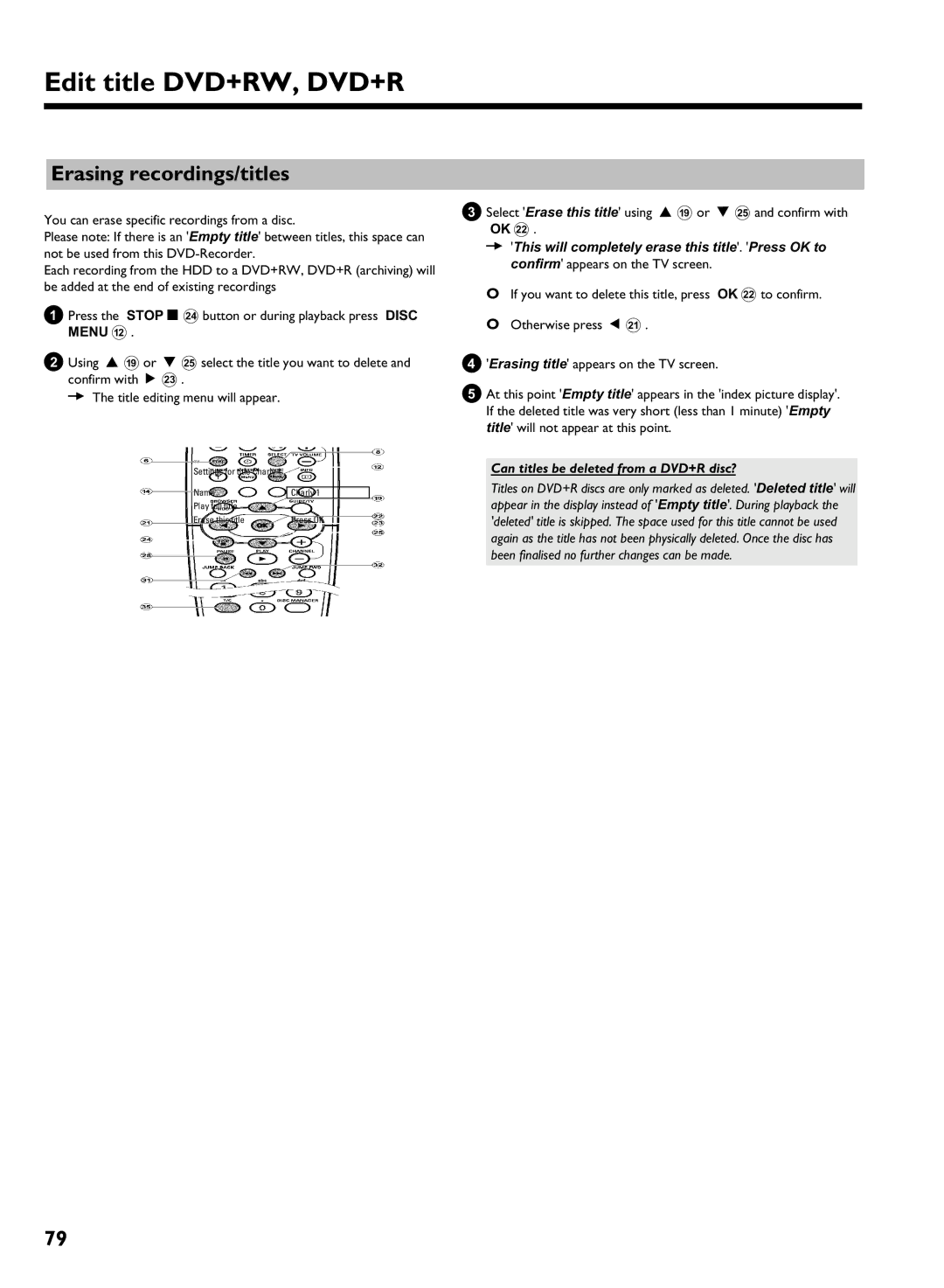 Philips DVDR 725H/05 manual Erasing recordings/titles, Can titles be deleted from a DVD+R disc? 