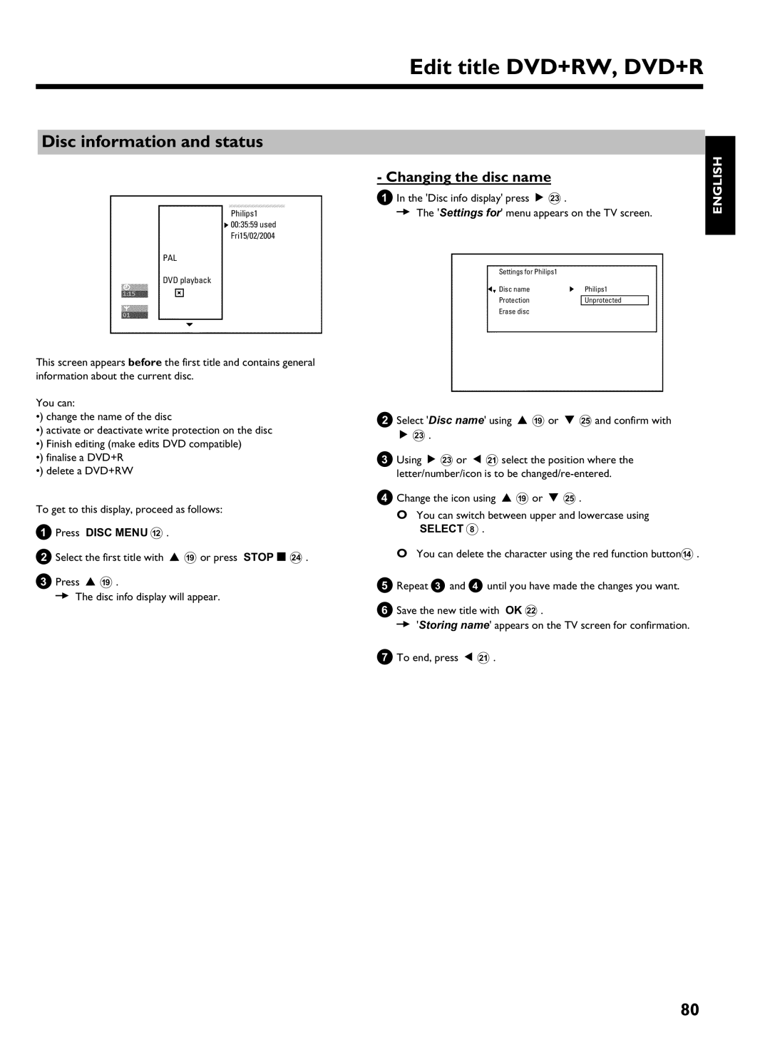 Philips DVDR 725H/05 manual Disc information and status, Changing the disc name, Press Disc Menu B 