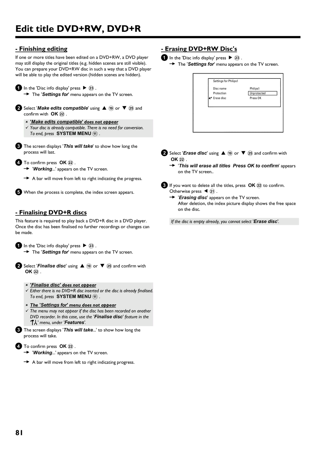 Philips DVDR 725H/05 manual Finishing editing, Finalising DVD+R discs, Erasing DVD+RW Discs 