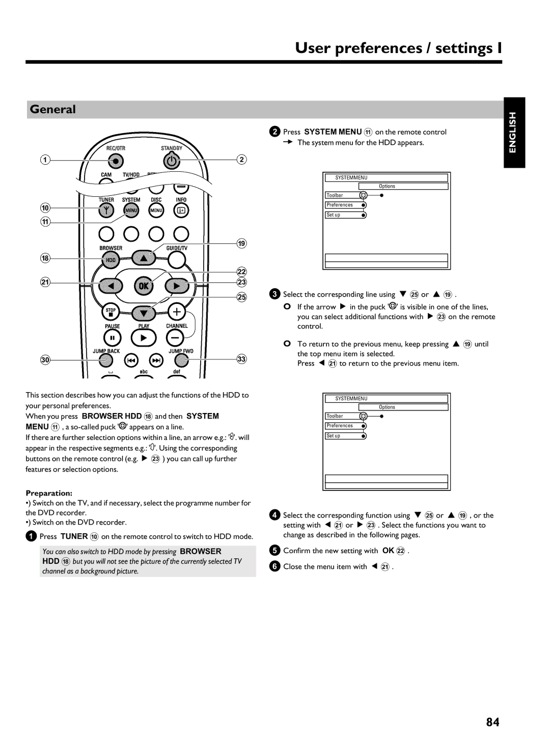 Philips DVDR 725H/05 manual User preferences / settings, General 