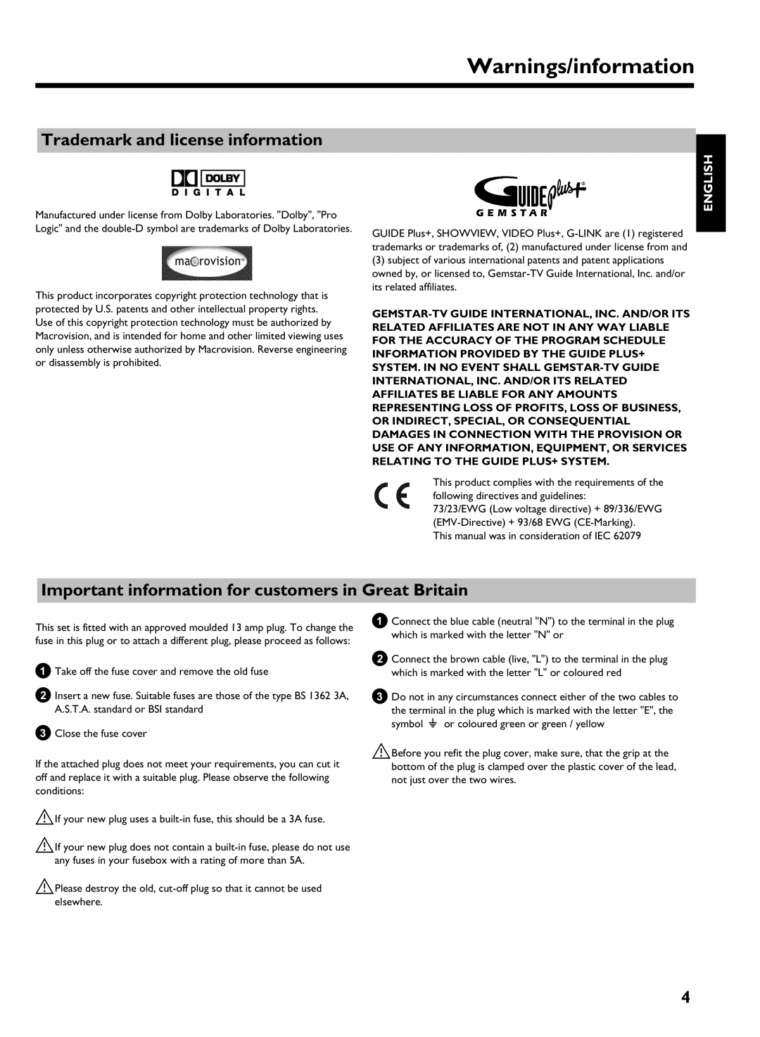 Philips DVDR 725H/05 manual Trademark and license information, Important information for customers in Great Britain 