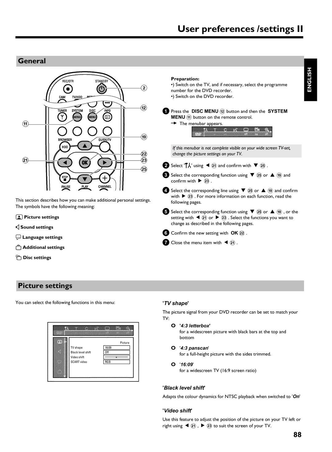 Philips DVDR 725H/05 manual User preferences /settings, Picture settings, TV shape, Black level shift, Video shift 