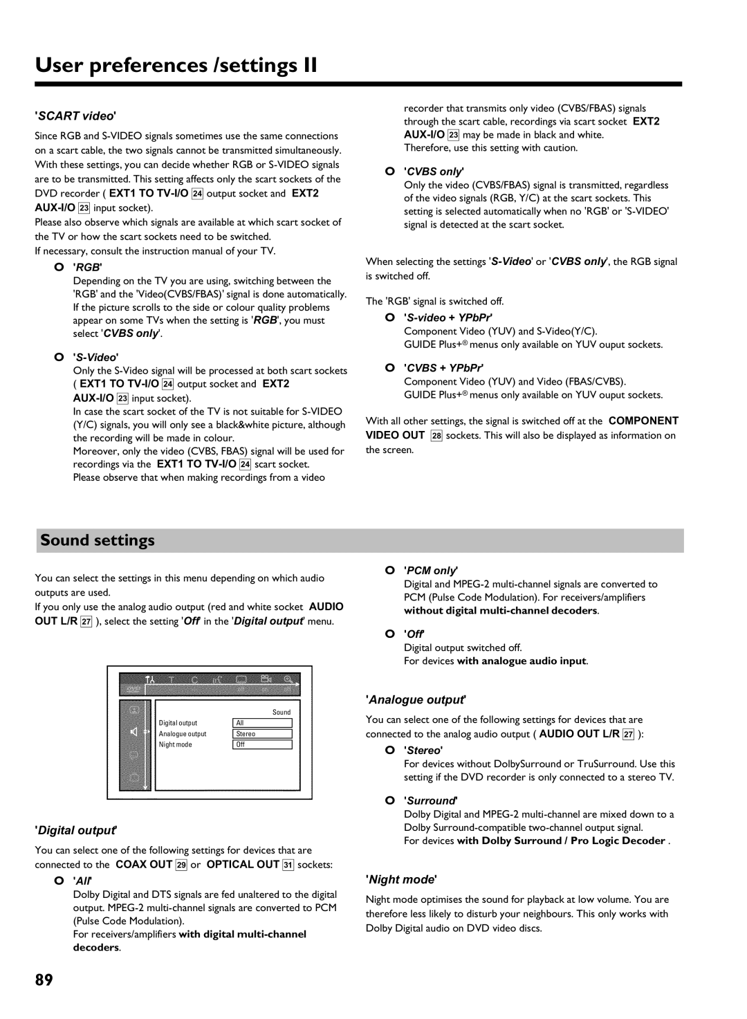 Philips DVDR 725H/05 manual Sound settings, Scart video, Digital output, Analogue output, Night mode 