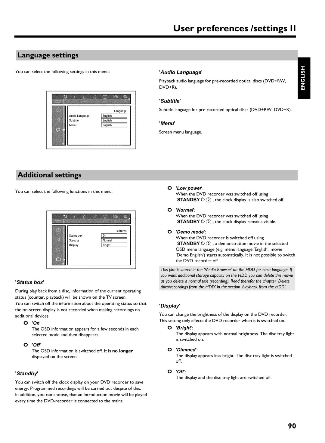 Philips DVDR 725H/05 manual Language settings, Additional settings 