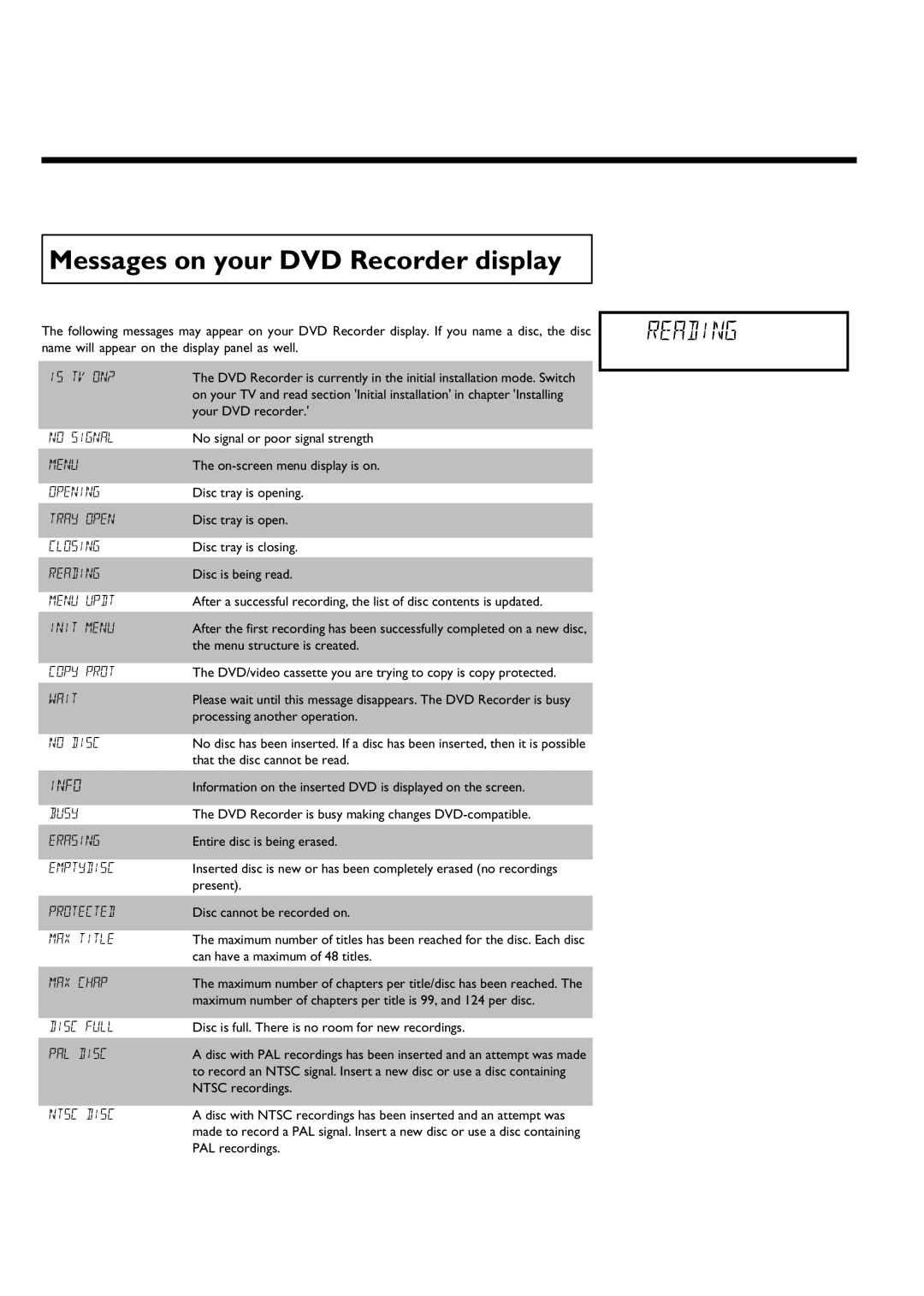 Philips DVDR 75 manual Messages on your DVD Recorder display 