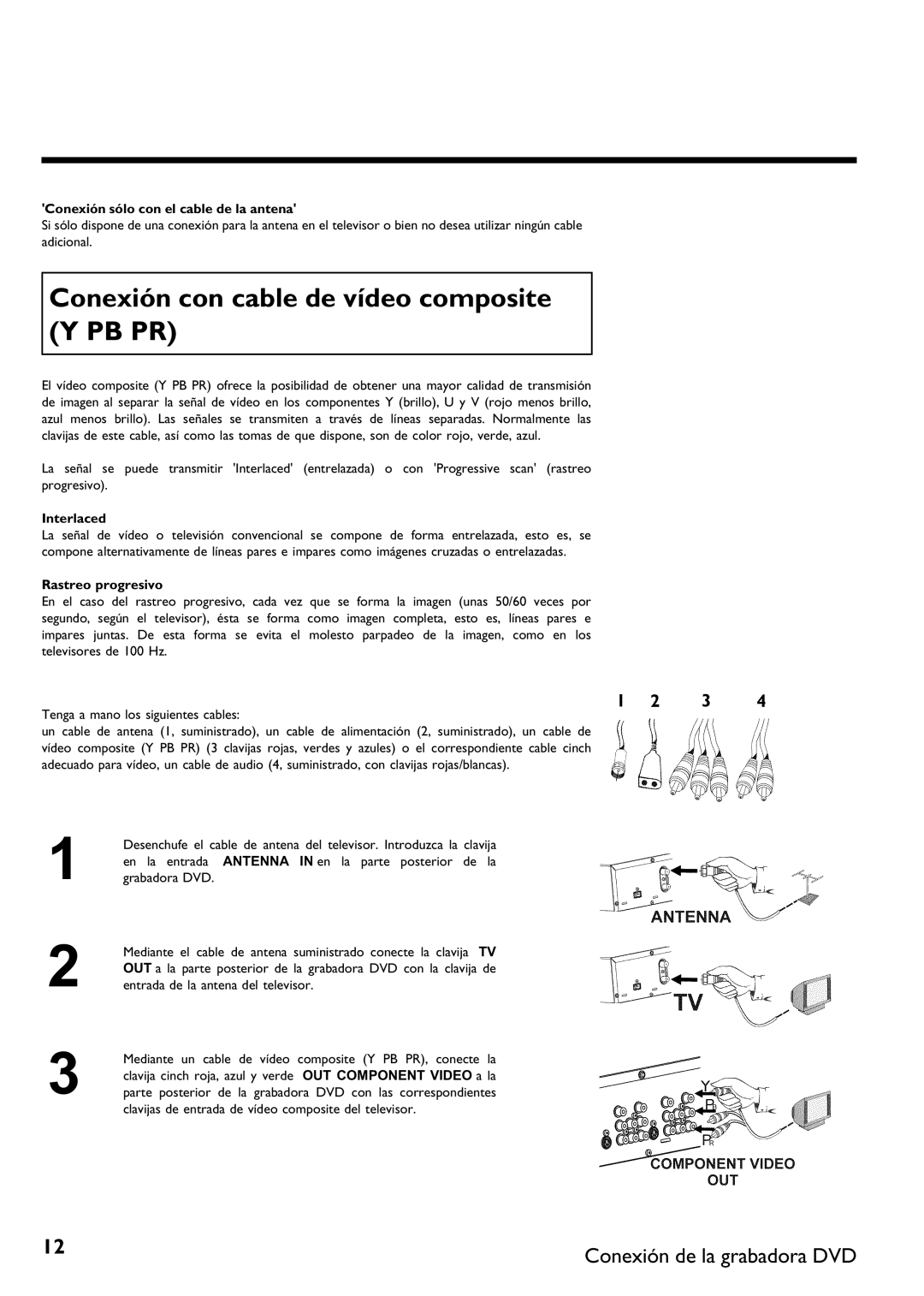 Philips DVDR 75 Conexión con cable de vídeo composite Y PB PR, Conexión sólo con el cable de la antena, Rastreo progresivo 