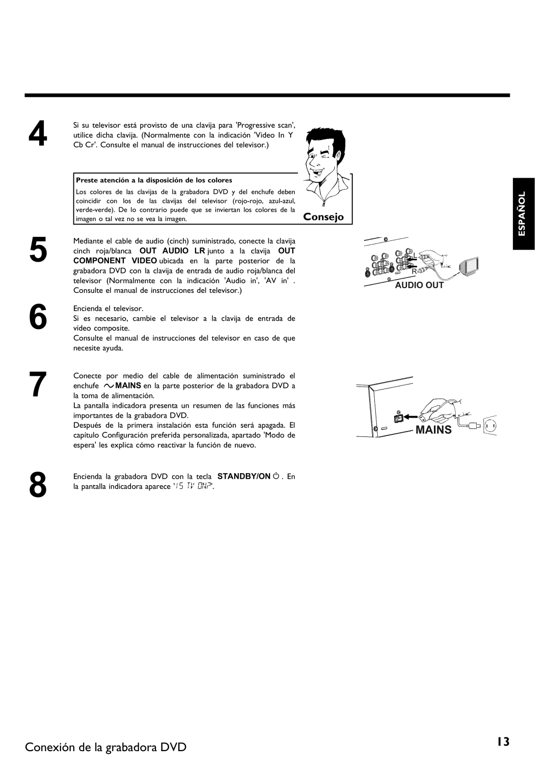 Philips DVDR 75 Cb Cr. Consulte el manual de instrucciones del televisor, Preste atención a la disposición de los colores 