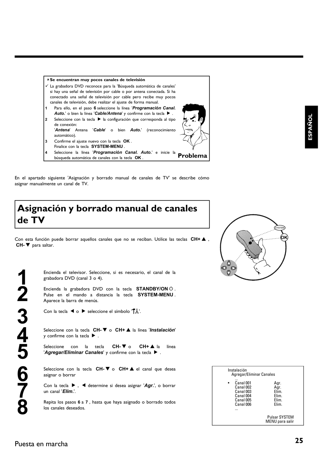 Philips DVDR 75 Asignación y borrado manual de canales de TV, Con la tecla, CH+ a la línea Instalación 