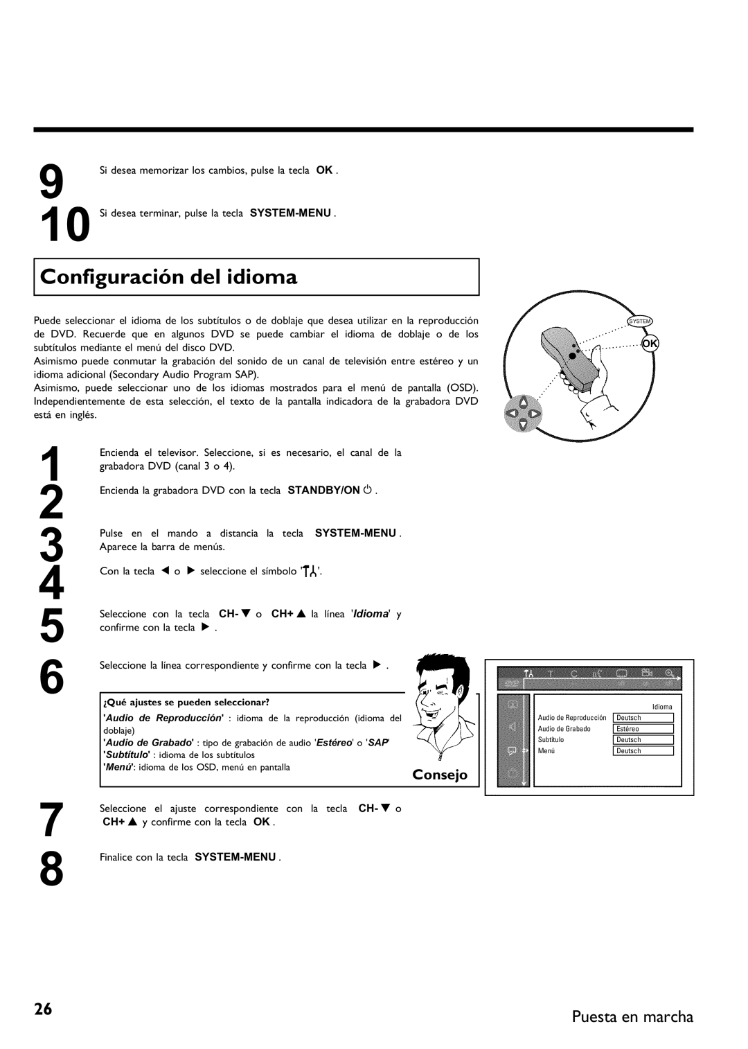 Philips DVDR 75 manual Configuración del idioma, Consejo, Ajustes se pueden seleccionar? 