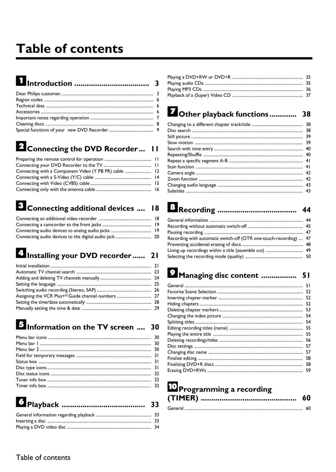 Philips DVDR 75 manual Table of contents 