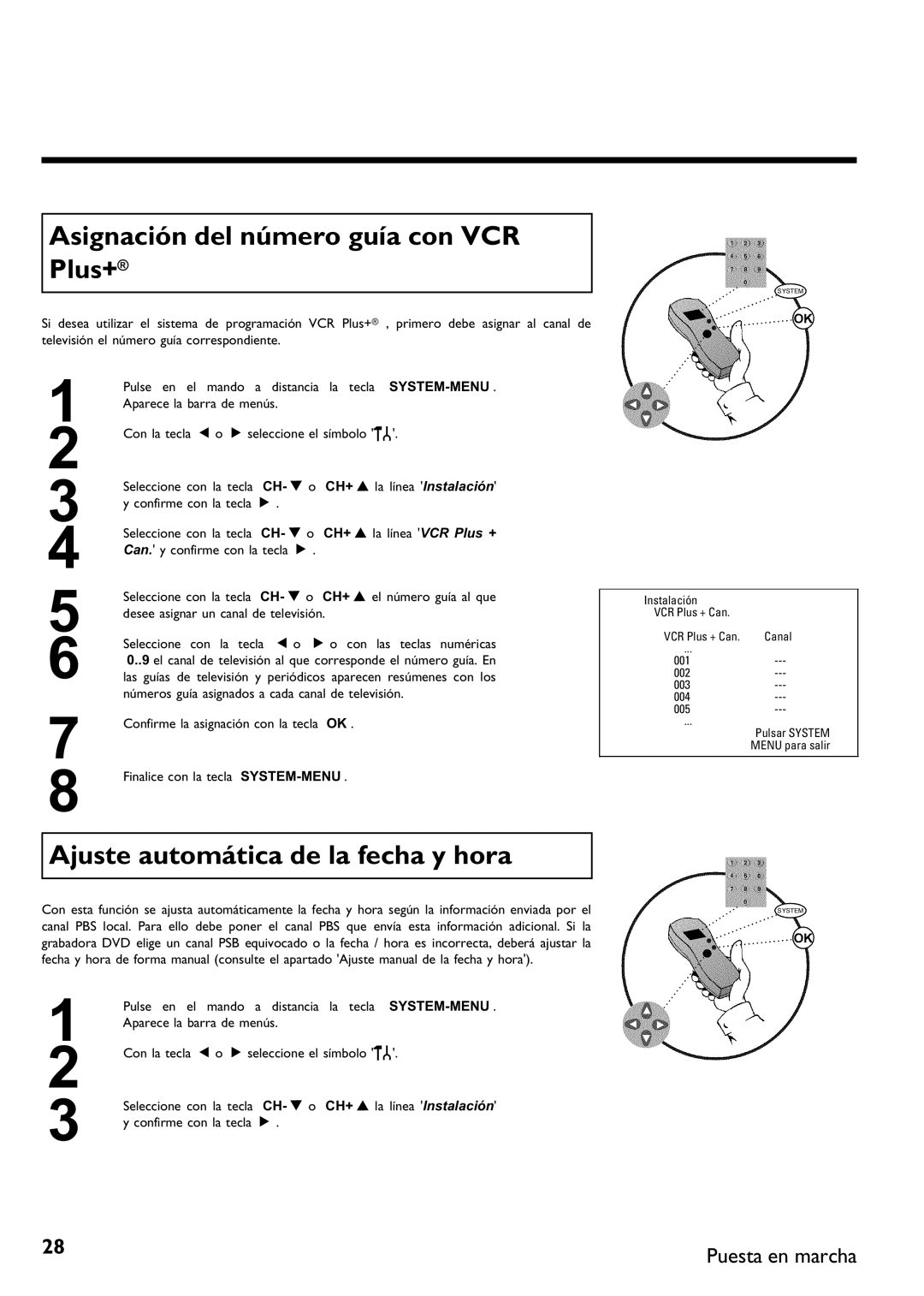 Philips DVDR 75 manual Asignación del número guía con VCR Plus+, Ajuste automática de la fecha y hora, Televisión y 