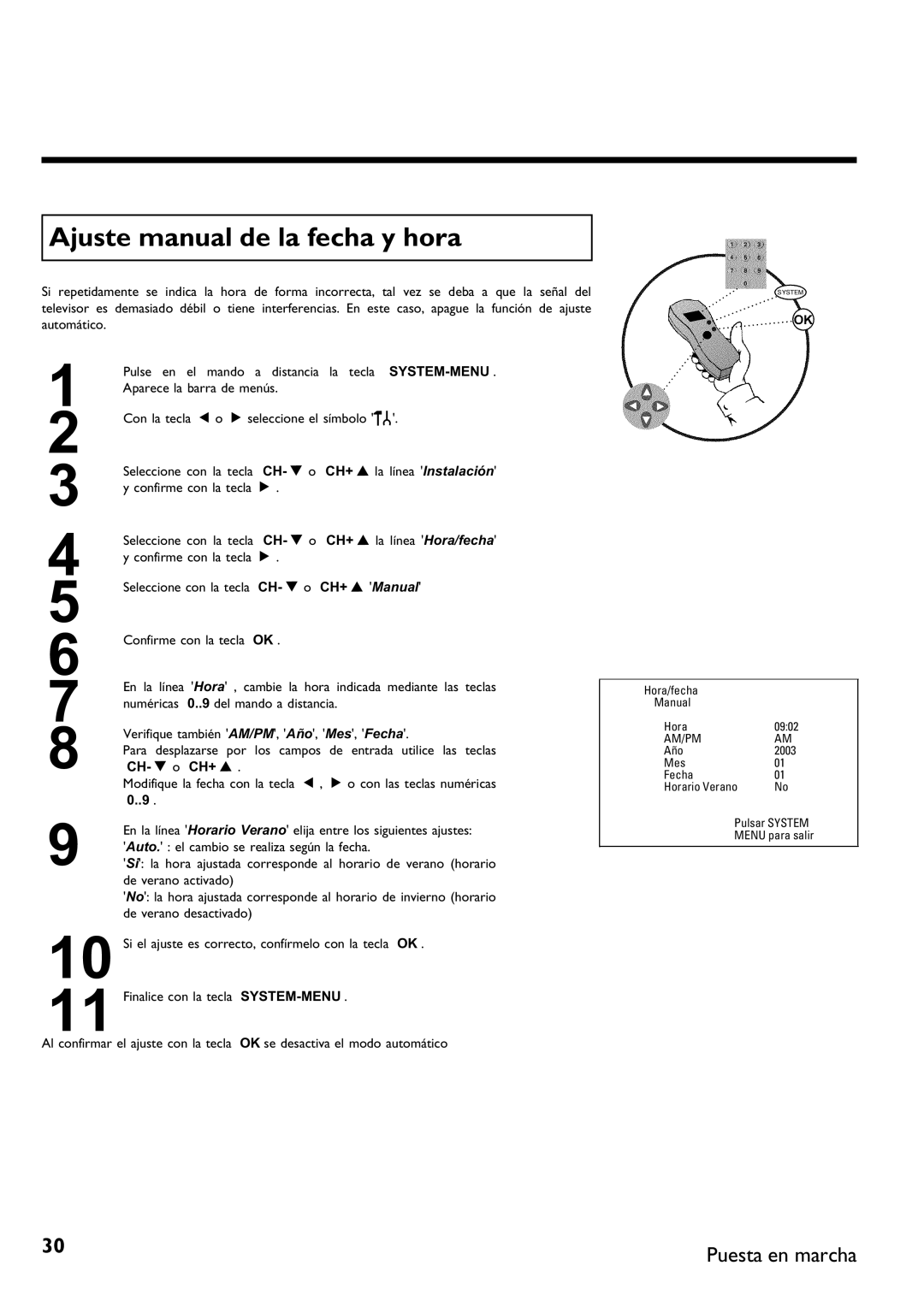 Philips DVDR 75 Ajuste manual de la fecha y hora, CH+ a la línea Hora/fecha 