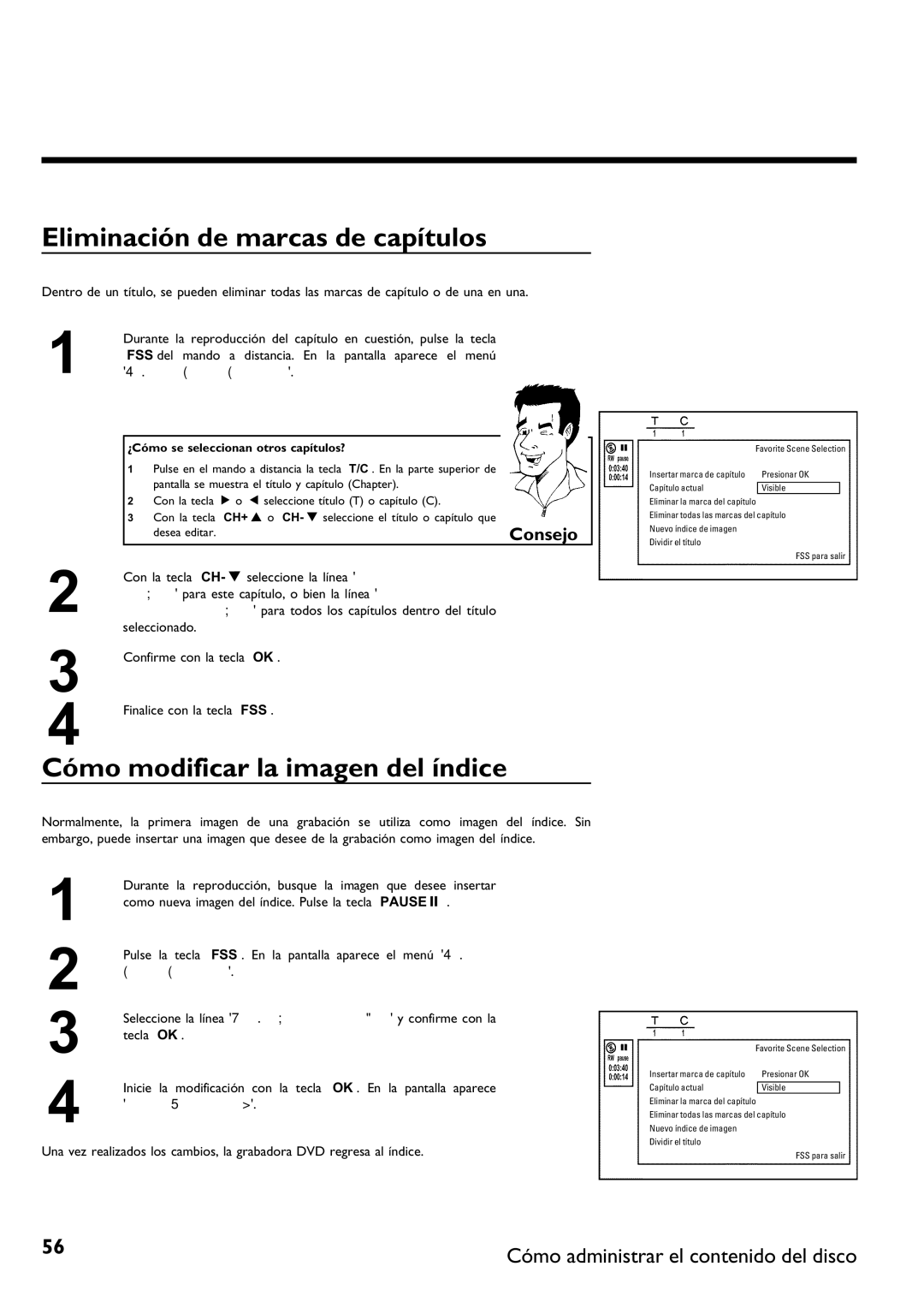 Philips DVDR 75 manual Eliminación de marcas de capítulos, Cómo modificar la imagen del índice 