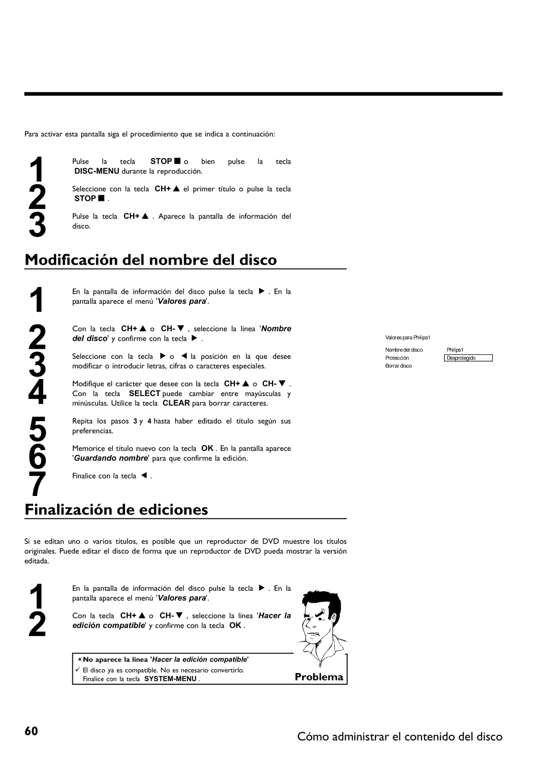 Philips DVDR 75 manual Modificación del nombre del disco, Finalización de ediciones 