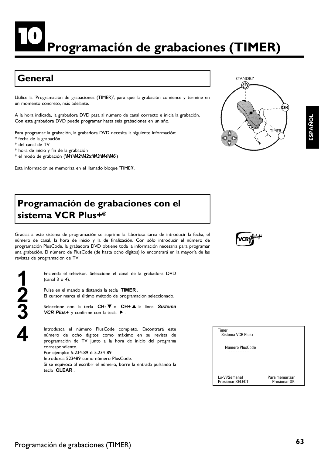 Philips DVDR 75 manual JProgramación de grabaciones Timer, Programación de grabaciones con el sistema VCR Plus+ 