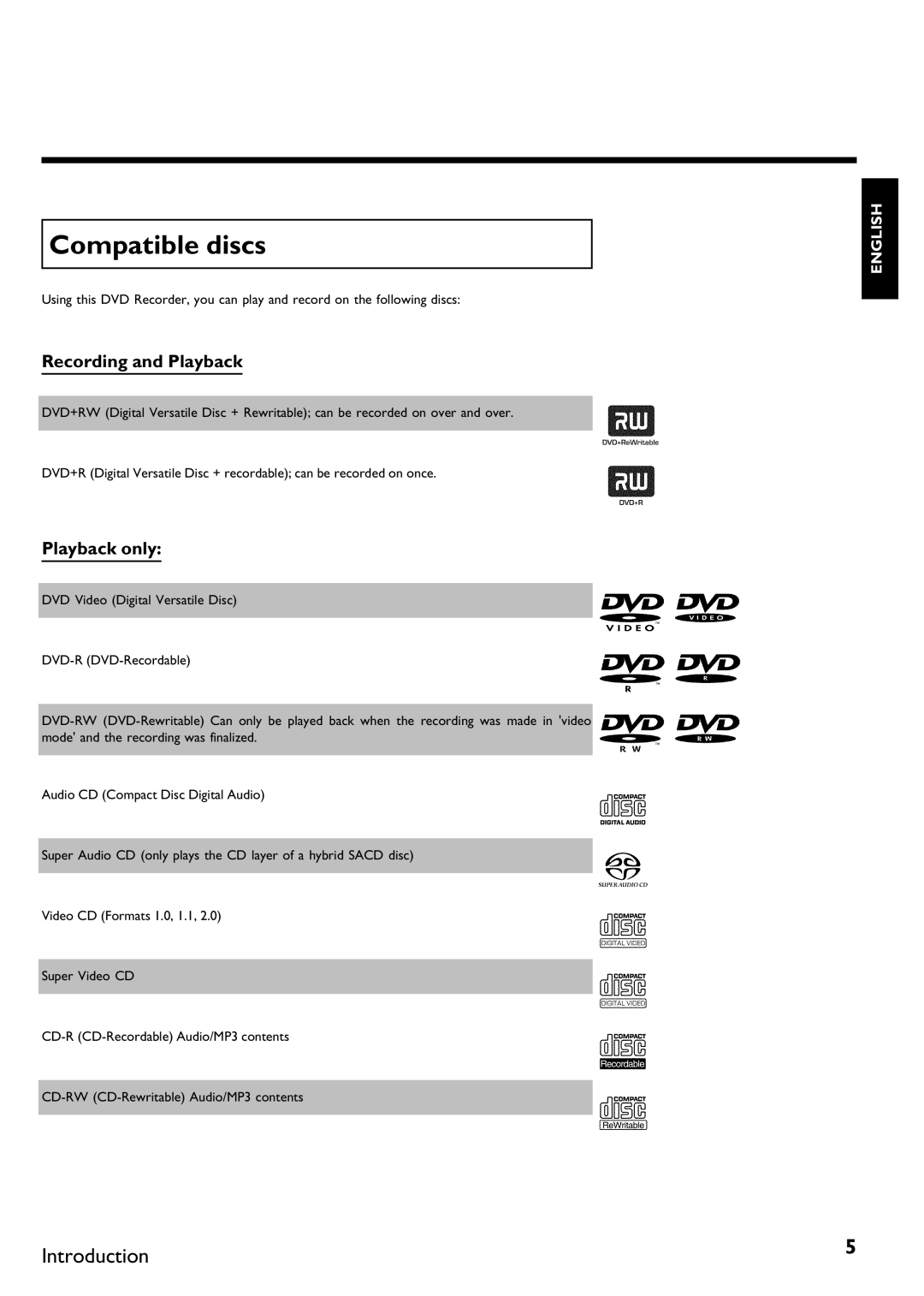 Philips DVDR 75 manual Compatible discs, Recording and Playback, Playback only 