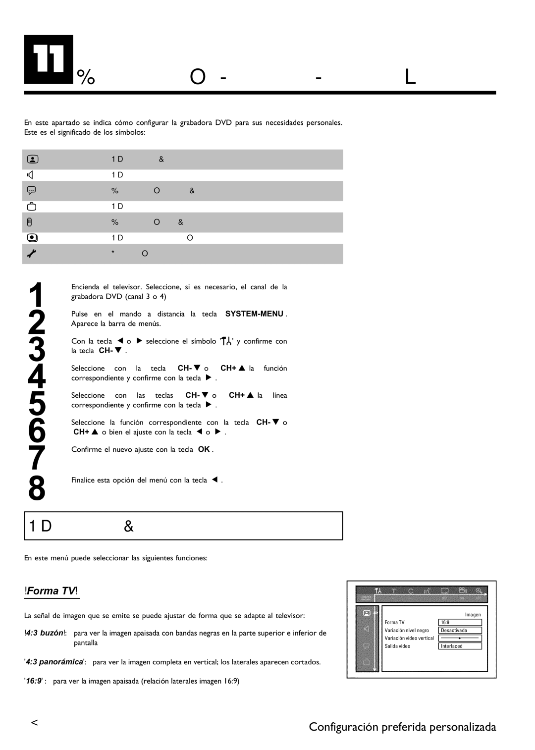 Philips DVDR 75 manual KConfiguración preferida personalizada, Ajuste de la imagen, Forma TV, CH- B o CH+ a la 