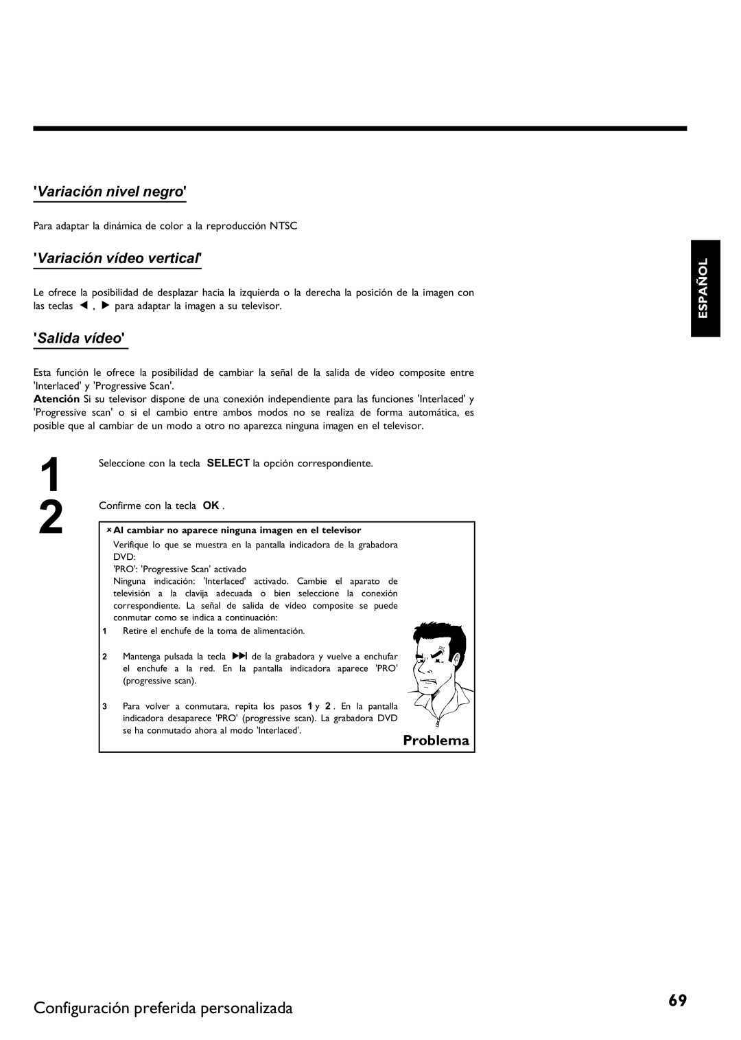 Philips DVDR 75 manual Configuración preferida personalizada, Variación nivel negro, Variación vídeo vertical, Salida vídeo 