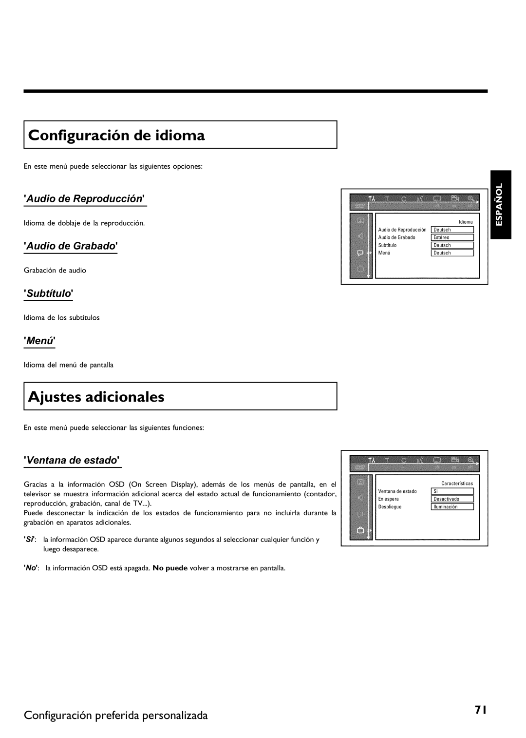 Philips DVDR 75 manual Configuración de idioma, Ajustes adicionales 